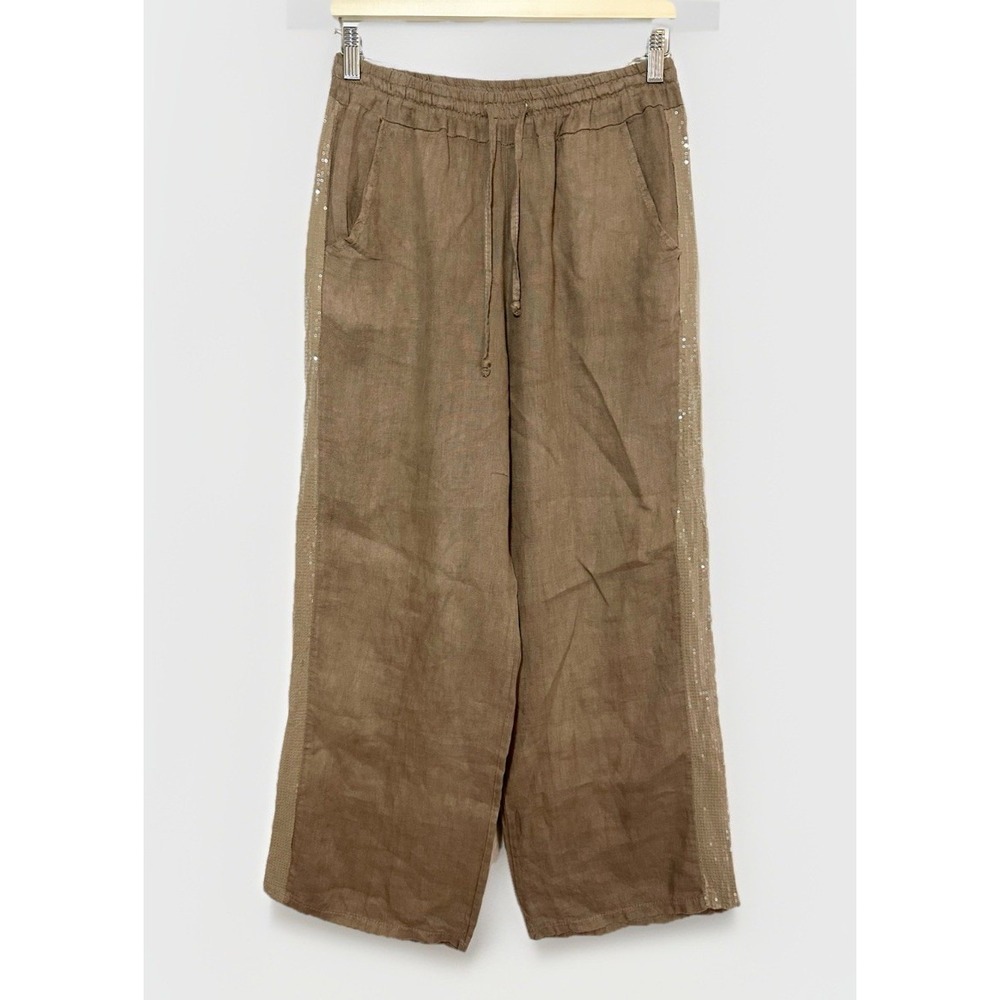 Milio Milano *RARE* Women's MEDIUM Brown Sequin Linen Wide Leg Pull On Pants